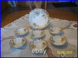 Gold & White Porcelain Raised Floral Pattern 7 Piece Vintage Berry Bowl Set
