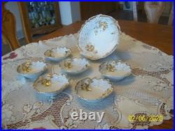 Gold & White Porcelain Raised Floral Pattern 7 Piece Vintage Berry Bowl Set