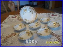 Gold & White Porcelain Raised Floral Pattern 7 Piece Vintage Berry Bowl Set