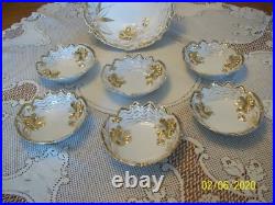 Gold & White Porcelain Raised Floral Pattern 7 Piece Vintage Berry Bowl Set