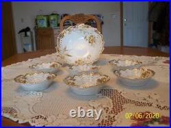 Gold & White Porcelain Raised Floral Pattern 7 Piece Vintage Berry Bowl Set
