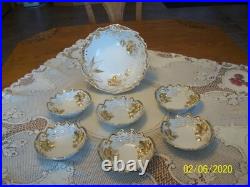 Gold & White Porcelain Raised Floral Pattern 7 Piece Vintage Berry Bowl Set