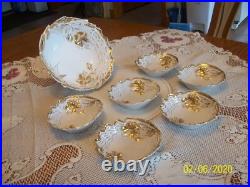 Gold & White Porcelain Raised Floral Pattern 7 Piece Vintage Berry Bowl Set