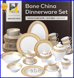 Golden Greek Key Bone China Dinnerware Set 57 Pieces FREE SHIPPING USA