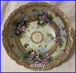Gorgeous Antique Victorian Nippon 10 Serving Bowl Violets, Gold Moriage