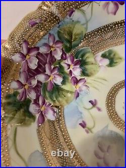 Gorgeous Antique Victorian Nippon 10 Serving Bowl Violets, Gold Moriage