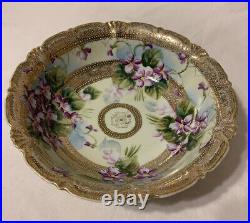 Gorgeous Antique Victorian Nippon 10 Serving Bowl Violets, Gold Moriage