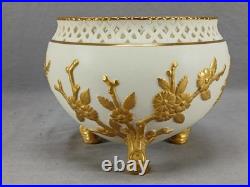 Grainger Worcester Embossed Gold Flowers & Ivory Footed Vase / Rose Bowl