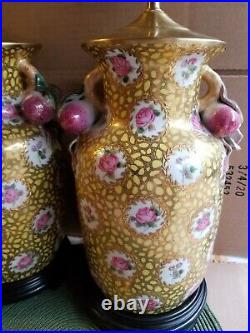 HTF Asian Porcelain Jar Lamps With Hvy Gold Accents And Rose Handles