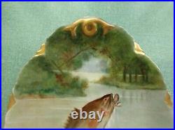 H & Co Bavaria Selb China Antique Caught Fish Tray Gold Edge Artist Signed 1913