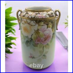 Hand-Painted Nippon Antique Porcelain Vase With Floral Design & Gold Accents