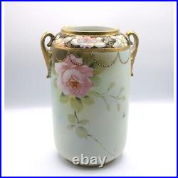 Hand-Painted Nippon Antique Porcelain Vase With Floral Design & Gold Accents