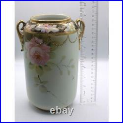 Hand-Painted Nippon Antique Porcelain Vase With Floral Design & Gold Accents