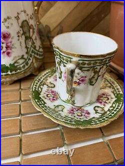 Hand Painted Nippon China Floral Roses Chocolate Pot 2 Cups and 2 Saucers