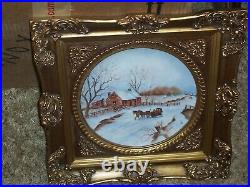 Hand Painted Vintage CHINA Plate WITH SNOW SCENE FRAMED IN GOLD ORNATE FRAME