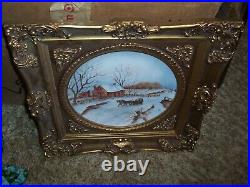 Hand Painted Vintage CHINA Plate WITH SNOW SCENE FRAMED IN GOLD ORNATE FRAME