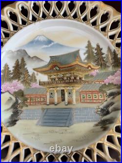 Handpainted Porcelain Decorative Plate With Gold Accents & Lattice Rim Vintage