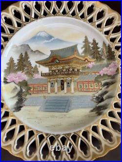 Handpainted Porcelain Decorative Plate With Gold Accents & Lattice Rim Vintage