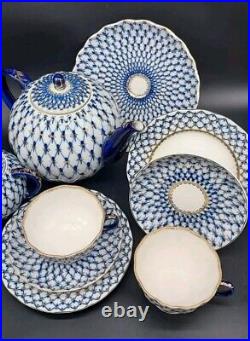 Imperial Lomonosov Porcelain, 22K Gold Cobalt Net Tea Set For 2, 10 Pcs