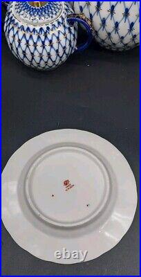 Imperial Lomonosov Porcelain, 22K Gold Cobalt Net Tea Set For 2, 10 Pcs