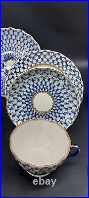 Imperial Lomonosov Porcelain, 22K Gold Cobalt Net Tea Set For 2, 10 Pcs