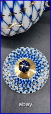 Imperial Lomonosov Porcelain, 22K Gold Cobalt Net Tea Set For 2, 10 Pcs
