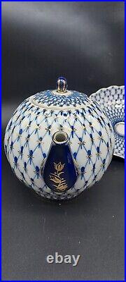 Imperial Lomonosov Porcelain, 22K Gold Cobalt Net Tea Set For 2, 10 Pcs