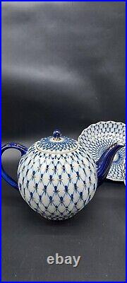 Imperial Lomonosov Porcelain, 22K Gold Cobalt Net Tea Set For 2, 10 Pcs