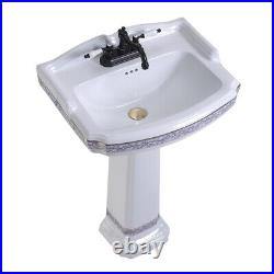 India Reserve Bathroom Pedestal Sink White Porcelain Blue and Gold