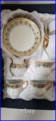 Italian Design Porcelain Fine China Tea Set Gold Fleur-De-Lis Design 14 Piece