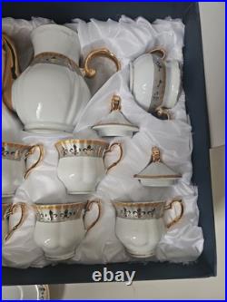 Italian Design Porcelain Fine China Tea Set Gold Fleur-De-Lis Design 14 Piece