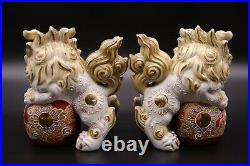 Japanese Antique Kutani Hand Painted Porcelain Foo Dog Statue Figurines Pair