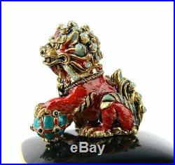 Jay Strongwater Zhen Foo Dog Cardinal Porcelain Box 14k Gold