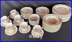 Kutani Handpainted Japan China 12 pc Dinner Set Gold on White Mt Fuji Bridge
