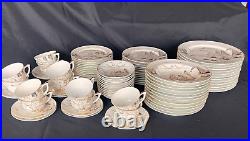 Kutani Handpainted Japan China 12 pc Dinner Set Gold on White Mt Fuji Bridge