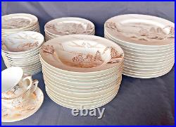 Kutani Handpainted Japan China 12 pc Dinner Set Gold on White Mt Fuji Bridge