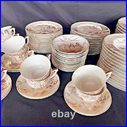 Kutani Handpainted Japan China 12 pc Dinner Set Gold on White Mt Fuji Bridge