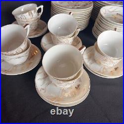 Kutani Handpainted Japan China 12 pc Dinner Set Gold on White Mt Fuji Bridge