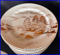 Kutani Handpainted Japan China 12 pc Dinner Set Gold on White Mt Fuji Bridge