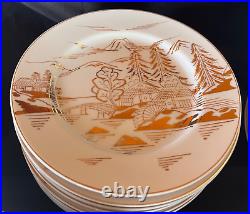Kutani Handpainted Japan China 12 pc Dinner Set Gold on White Mt Fuji Bridge