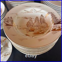 Kutani Handpainted Japan China 12 pc Dinner Set Gold on White Mt Fuji Bridge