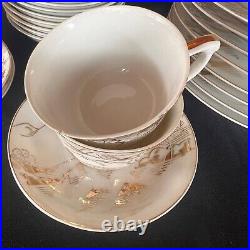 Kutani Handpainted Japan China 12 pc Dinner Set Gold on White Mt Fuji Bridge