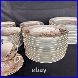 Kutani Handpainted Japan China 12 pc Dinner Set Gold on White Mt Fuji Bridge