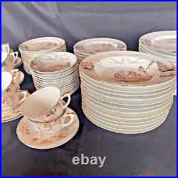 Kutani Handpainted Japan China 12 pc Dinner Set Gold on White Mt Fuji Bridge