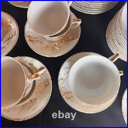 Kutani Handpainted Japan China 12 pc Dinner Set Gold on White Mt Fuji Bridge