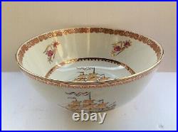 LARGE CHINESE ANTIQUE EXPORT PORCELAIN BOWL With GOLD DESIGNED RIM, 10
