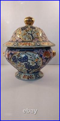 LARGE Chinese Porcelain Covered Tureen Bowl Yongzheng Mark Gilt Foo Dog Handles