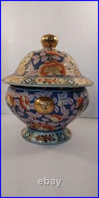 LARGE Chinese Porcelain Covered Tureen Bowl Yongzheng Mark Gilt Foo Dog Handles