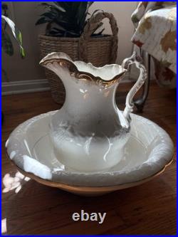 La Belle China Porcelain Pitcher & Basin Gold Rimmed Vintage Chinese Crackle