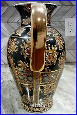 Large Handpainted Ornate Scroll Medallion Gold Black Porcelain Ceramic Vase Urn